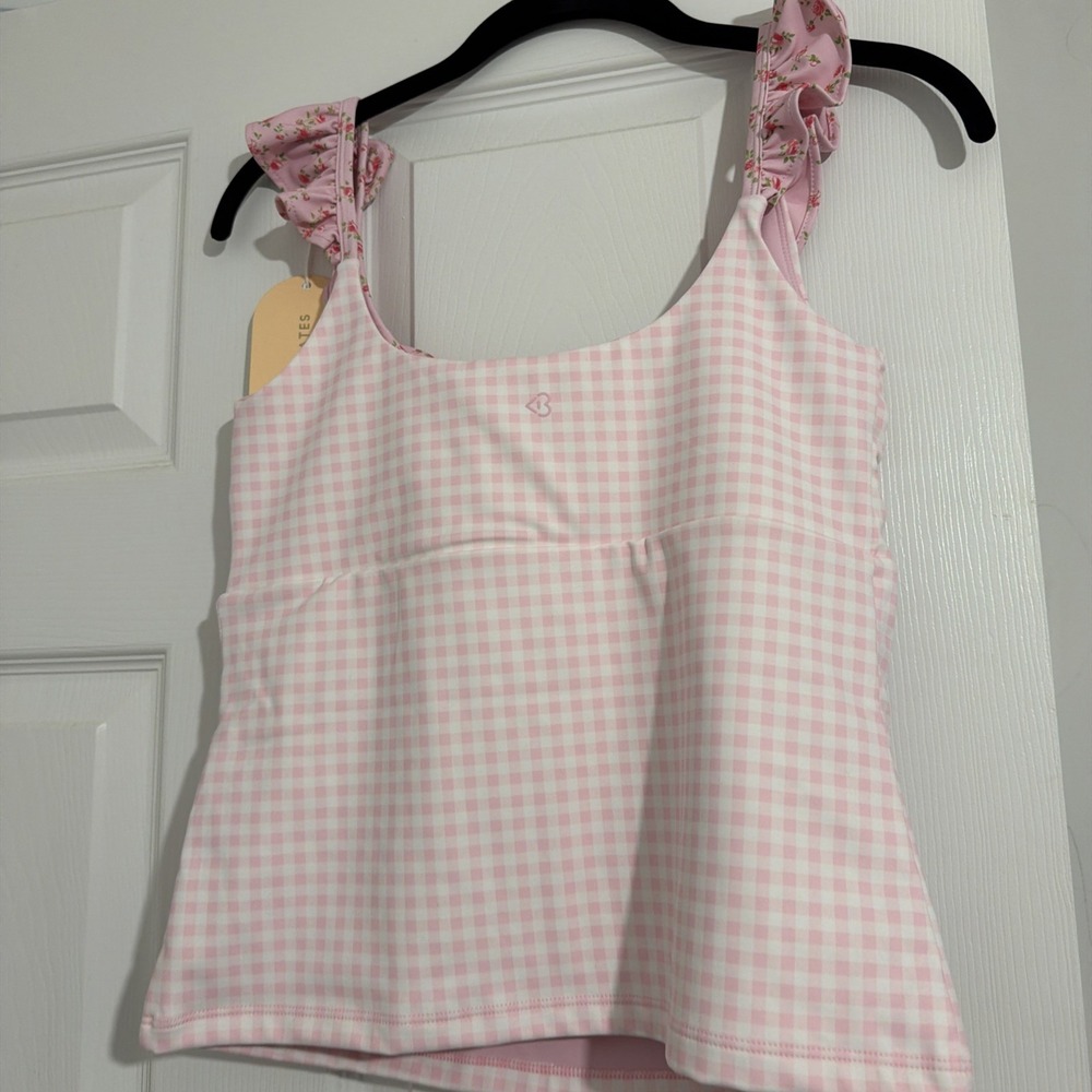 Blogilates Ruffle Lace Up Tank Pink Gingham Floral Activewear Top Medium NWT - Picture 7 of 8
